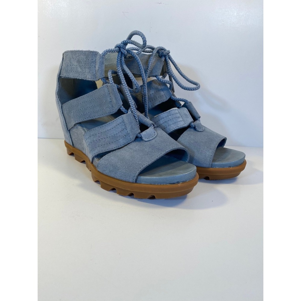 Sorel Joanie II Lace Suede Wedge Sandals Quarry Blue Grey NL3552-050 Womens 9.5